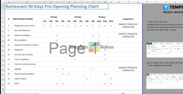 Restaurant 90 Days Pre Opening Planning Chart